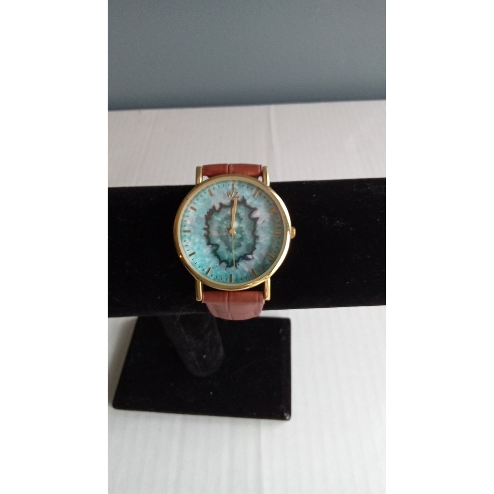WZ Agate Stone‎ Watch Gold Tone Bezel Brown Leather Band Fashion